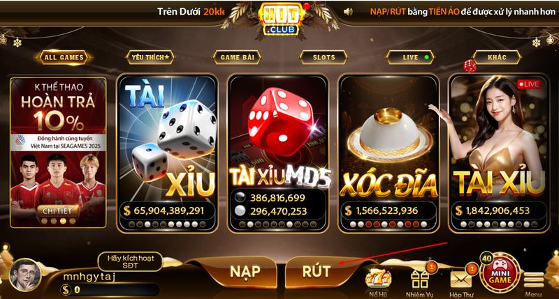 Cách rút tiền Hitclub về ngân hàng theo giao diện thực tế